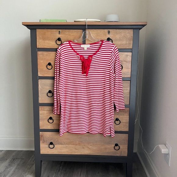 Michael Kors Red and White Striped Long Sleeve Top with Lace Up Bodice Large - Picture 7 of 7